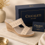 Papuci damă bej din piele naturală perforată cu talpă pană PAP46BX